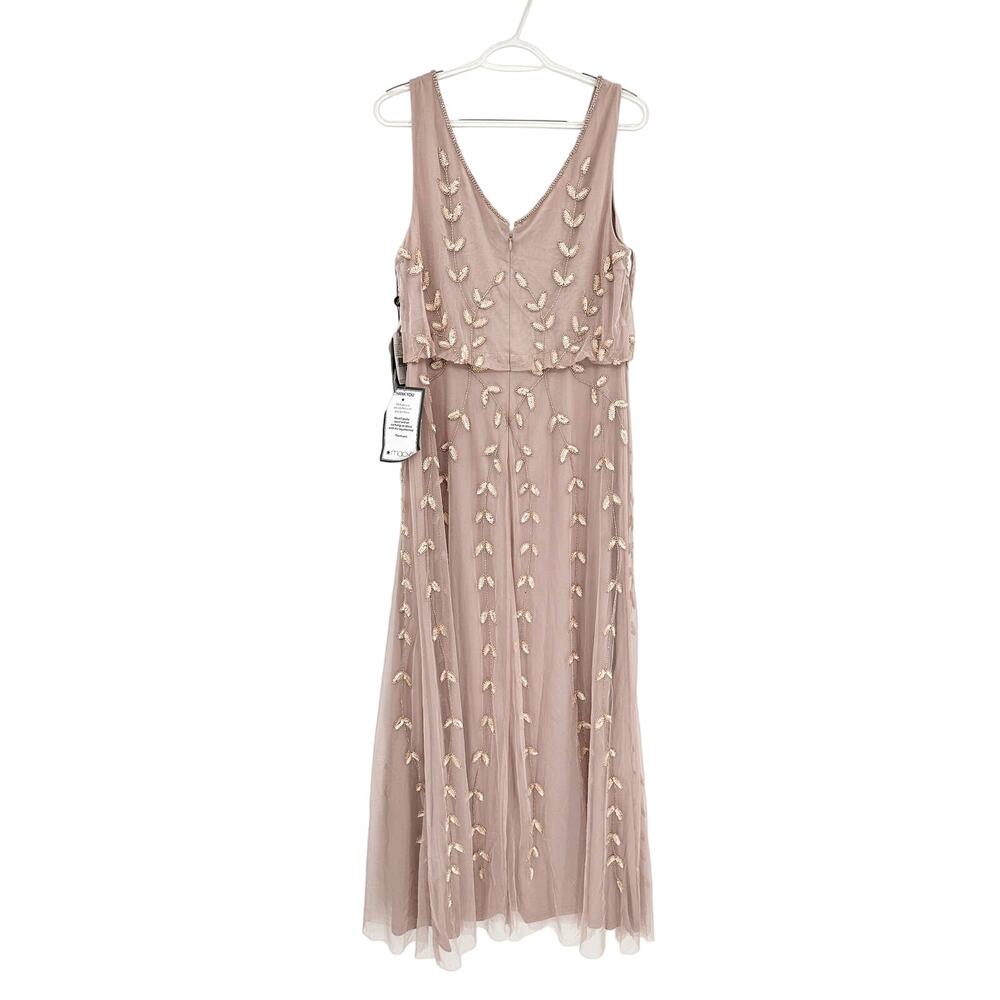 Adrianna Papell Beaded Mesh Blouson Gown Steel Rose‎ Leaf Size 12 NWT - Picture 3 of 8